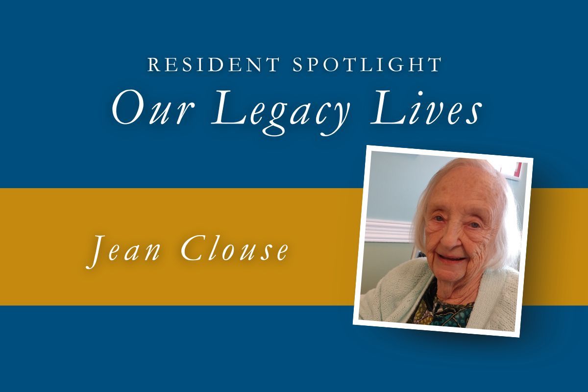 Resident Spotlight: Jean Clouse, white-haired woman smiling, with blue and gold background.