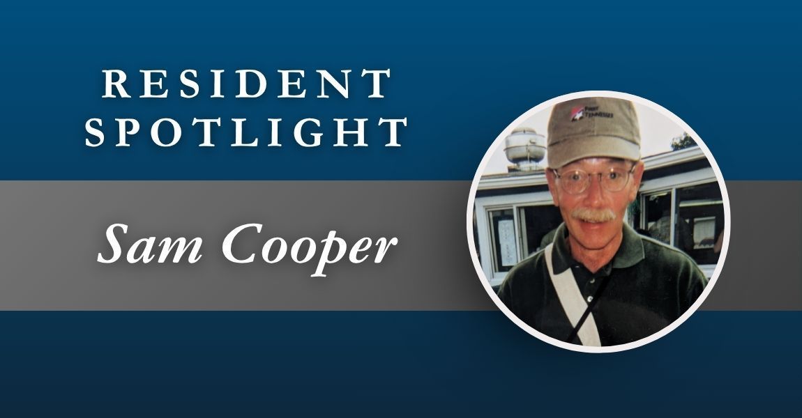Resident Spotlight banner with “Sam Cooper” and a circular portrait on a blue background
