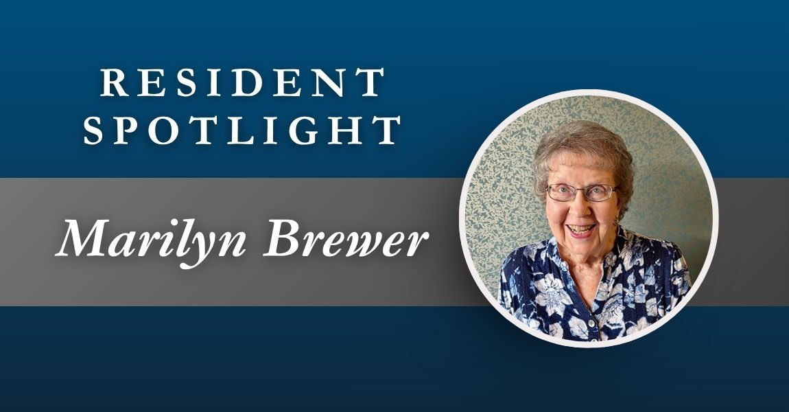 “Resident Spotlight” banner with Marilyn Brewer and a circular portrait on a blue background
