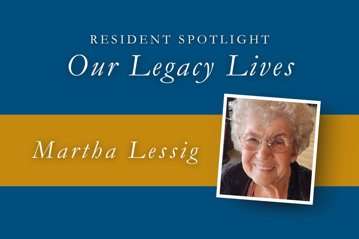 Resident spotlight: Martha Lessig. Text over a blue and gold background. Smiling older woman in a framed photo.
