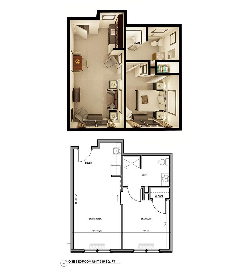Floor plan of apartment layout, top view in color, bottom view in black and white.
