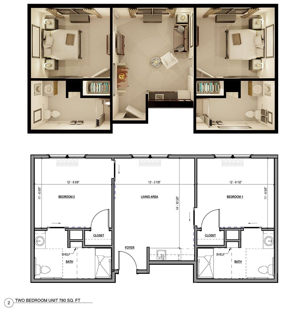 Floor plan of two-bedroom suite with adjacent bathrooms. Top view shows furnishings, bottom view details dimensions.