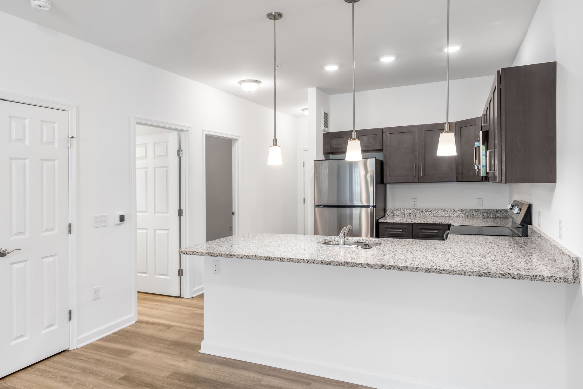 Modern kitchen with stainless steel appliances, granite countertop, and pendant lights.