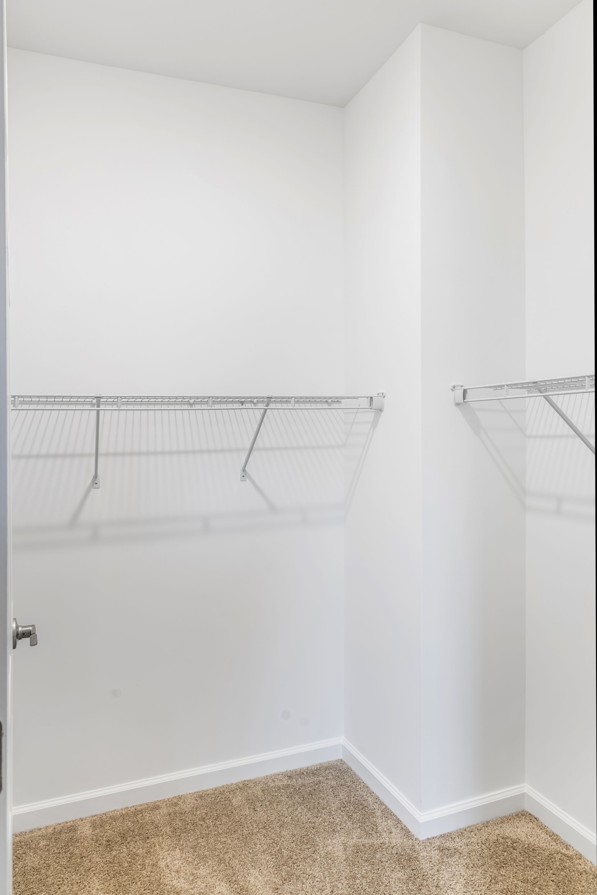 Empty white closet with wire shelving and beige carpet.