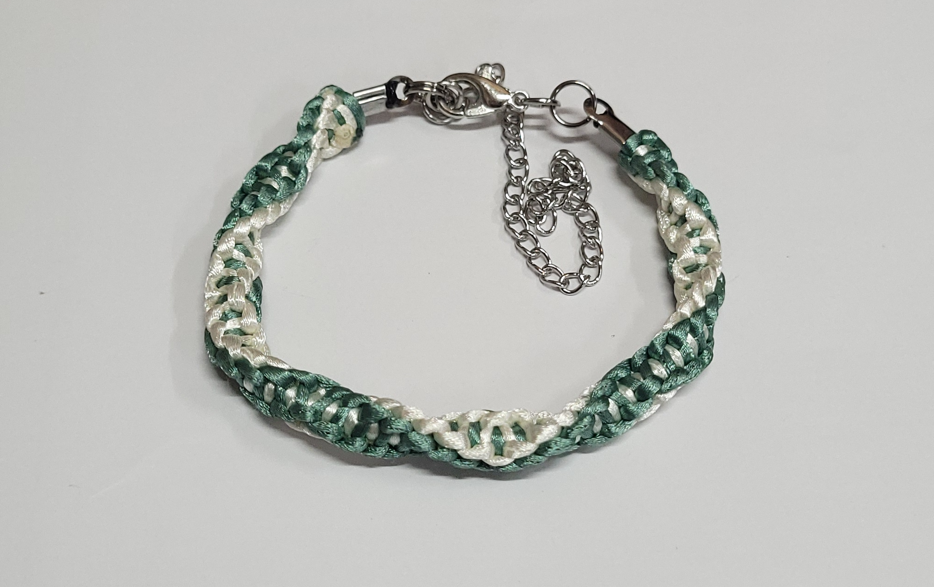 Green & Cream Half Twisted Macrame Bracelet/Anklet fits from 6.5 to 10 inches, durable 316 stainless steel accents.