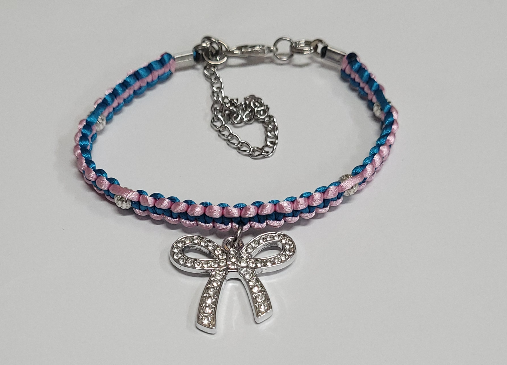Pink & Teal Blue Macrame Bracelet/Anklet featuring a Silver Bow, fits from 6.5 to 10 inches, durable 316 stainless steel accents.