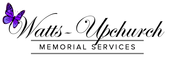 A purple butterfly next to the black text "Watts-Upchurch MEMORIAL SERVICES" underscored by two horizontal lines.