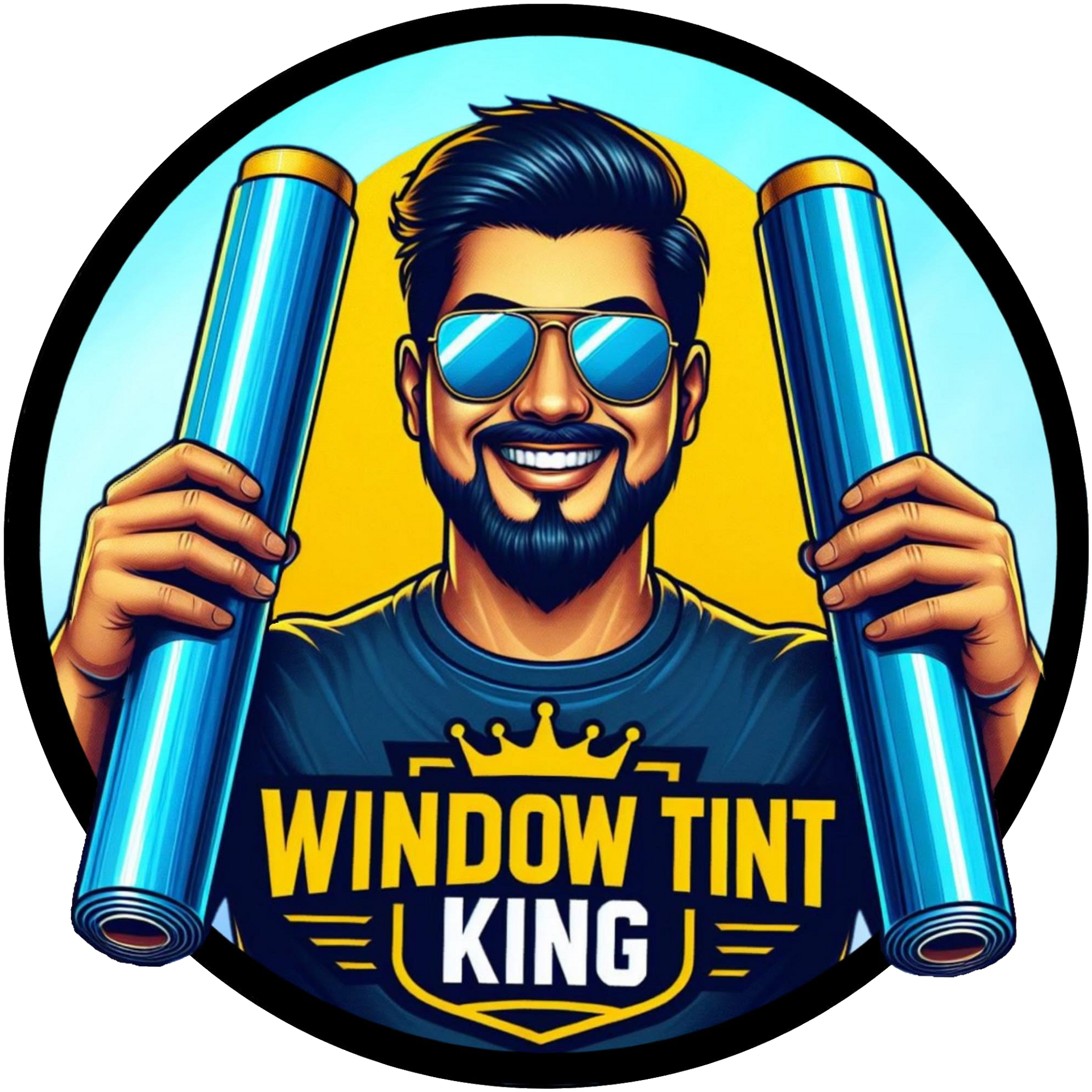 Smiling man with sunglasses holding window tint rolls, with “WINDOW TINT KING” text