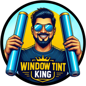 Smiling man with sunglasses holding window tint rolls, with “WINDOW TINT KING” text