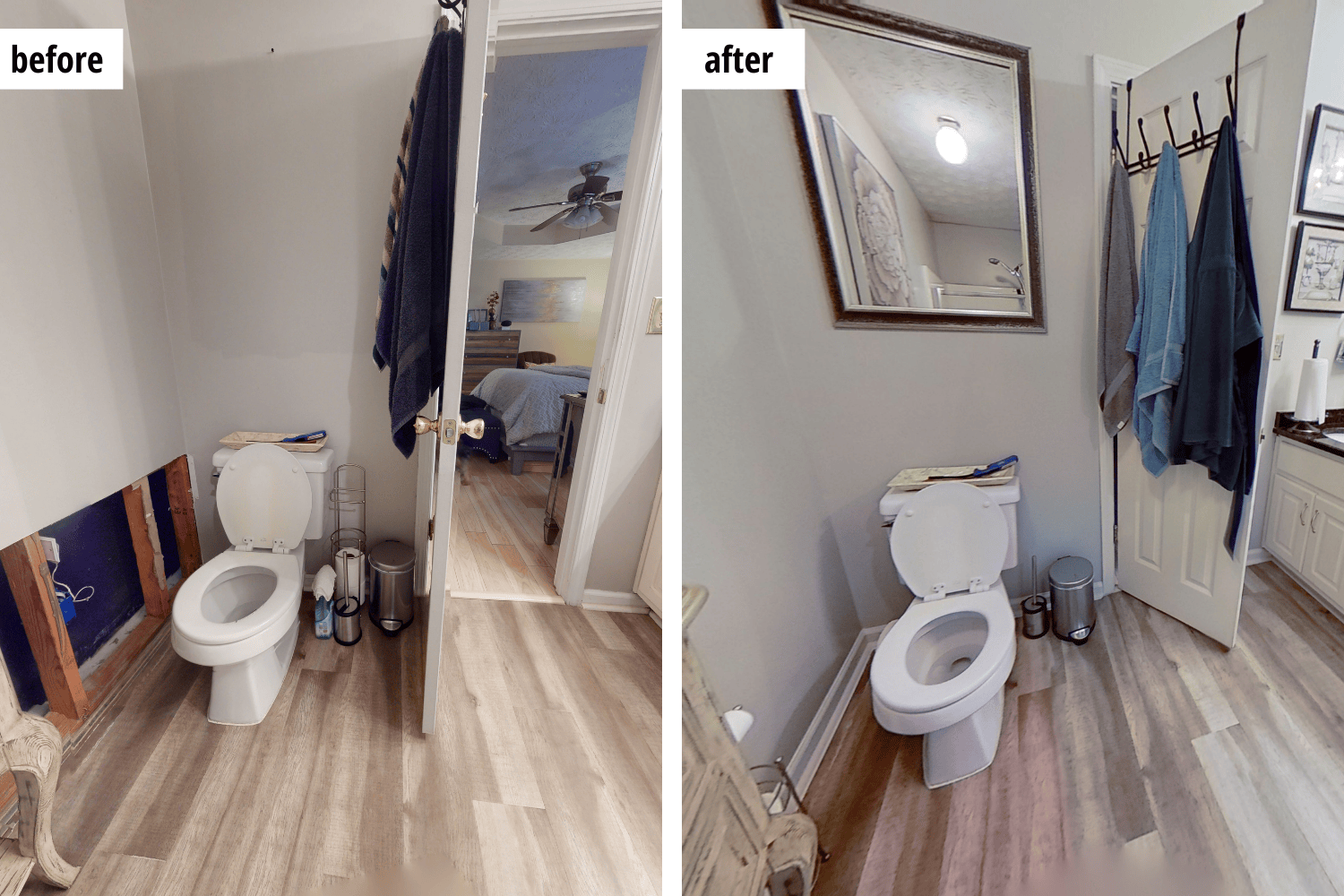 Before-and-after of a small bathroom remodel.  The 