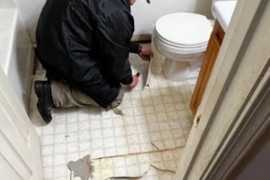 Bathroom water damage requiring sewage cleanup in a residential home