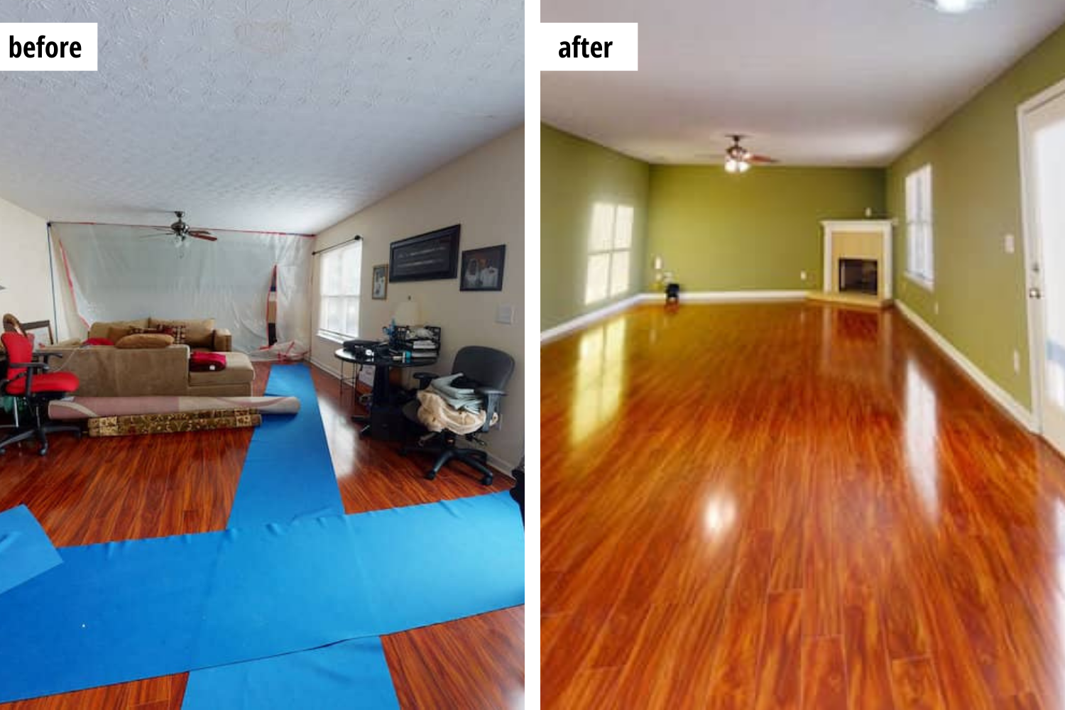 Before-and-after of a living room with hardwood floors and green walls. The 
