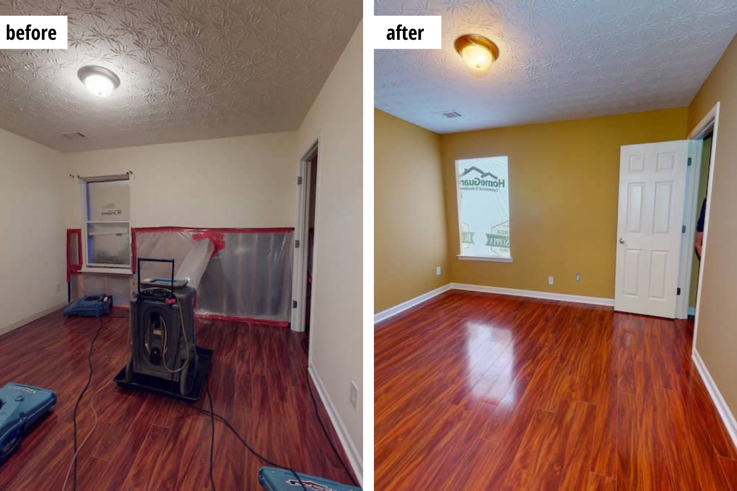 Room renovation before and after comparison. The before shot shows a room with drying equipment, while the after displays a finished room with new flooring and paint.