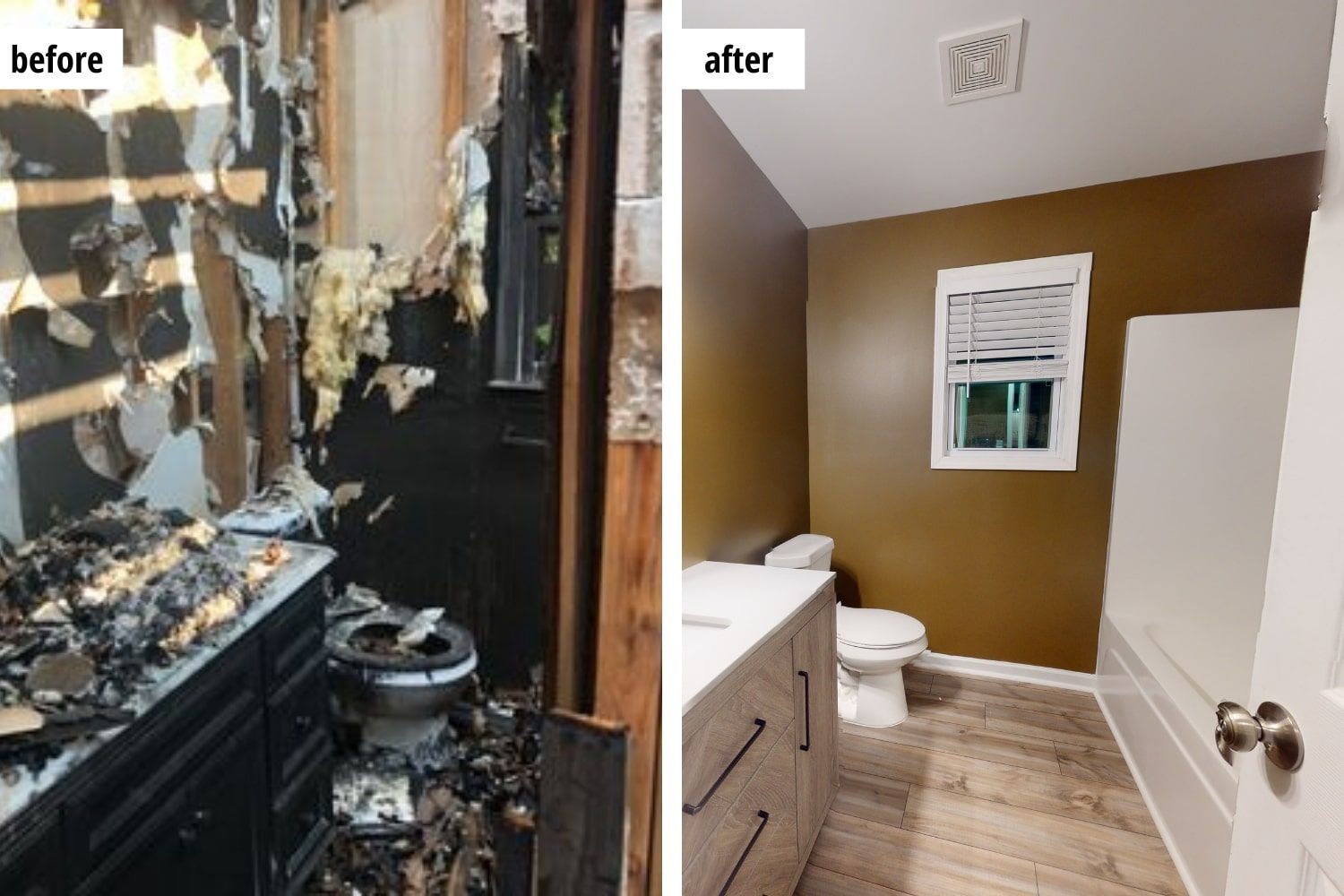 Before and after: Burned bathroom next to a newly renovated bathroom, featuring neutral colors and new fixtures.