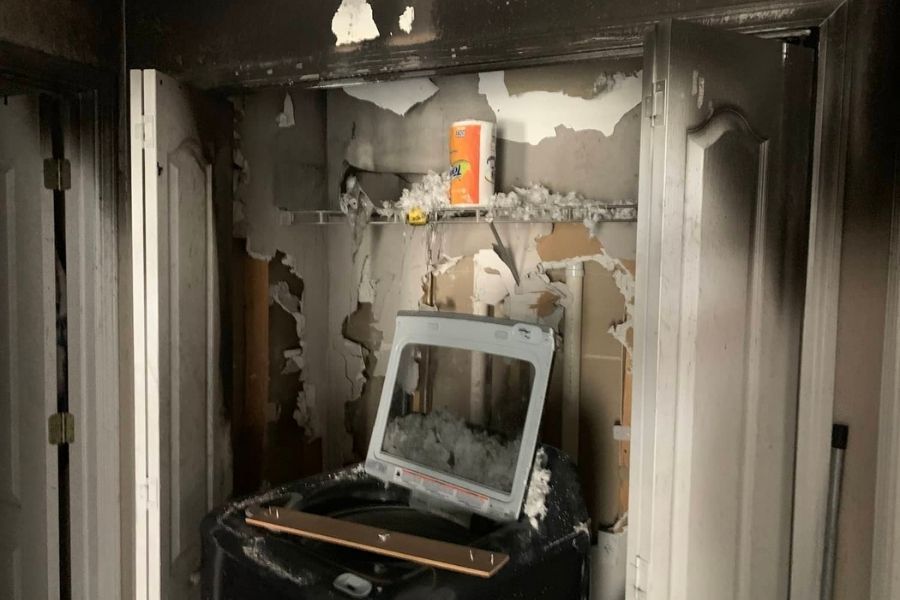 Fire and smoke damage visible on home interior surfaces