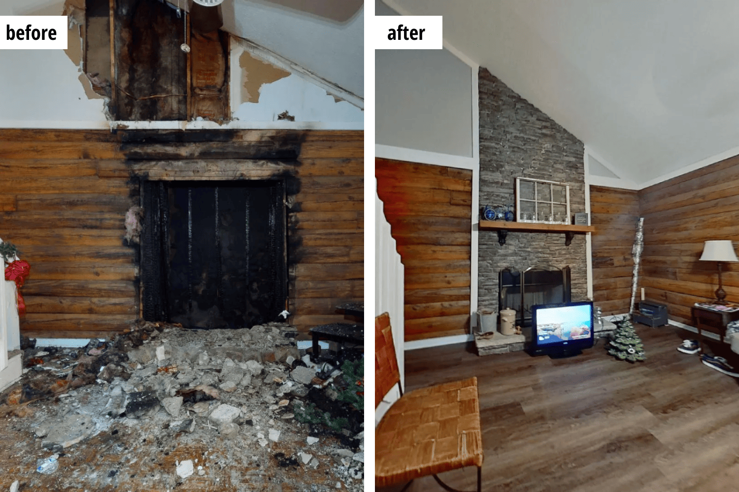 Before-and-after view of a living room. The 