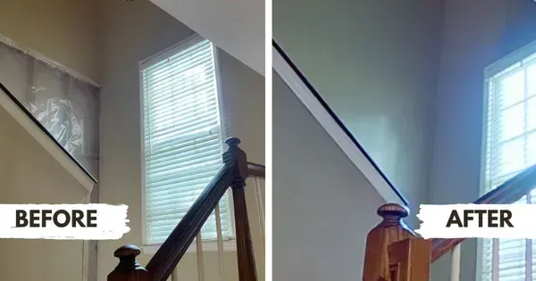 Before and after images of a staircase wall. The 