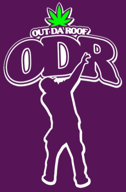 A purple and white logo for out da roof