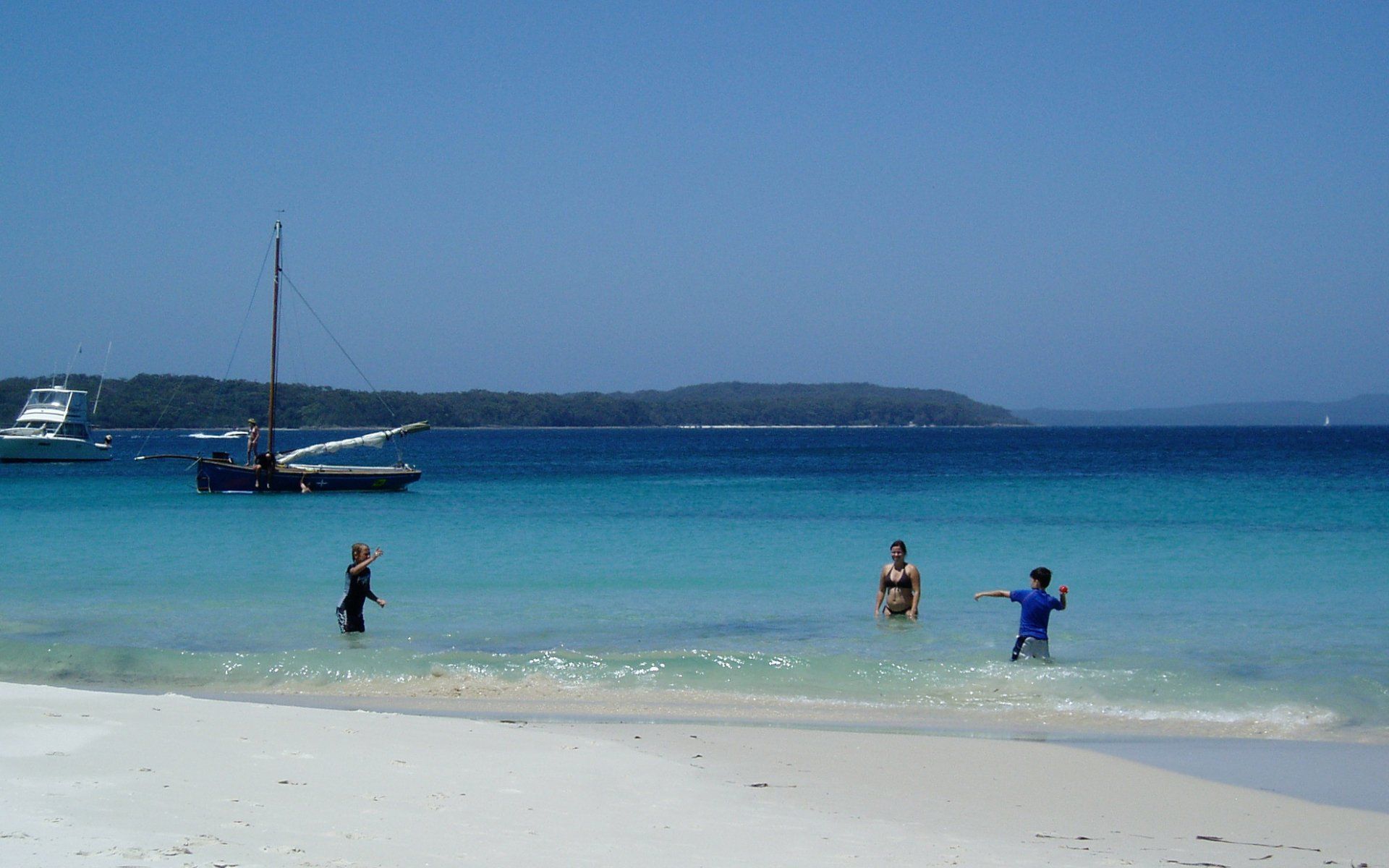 Three people are swimming Currarong Beach NSW