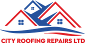 Logo for City Roofing Repairs Ltd featuring red and blue stylized house outlines above a blue and red wave graphic.