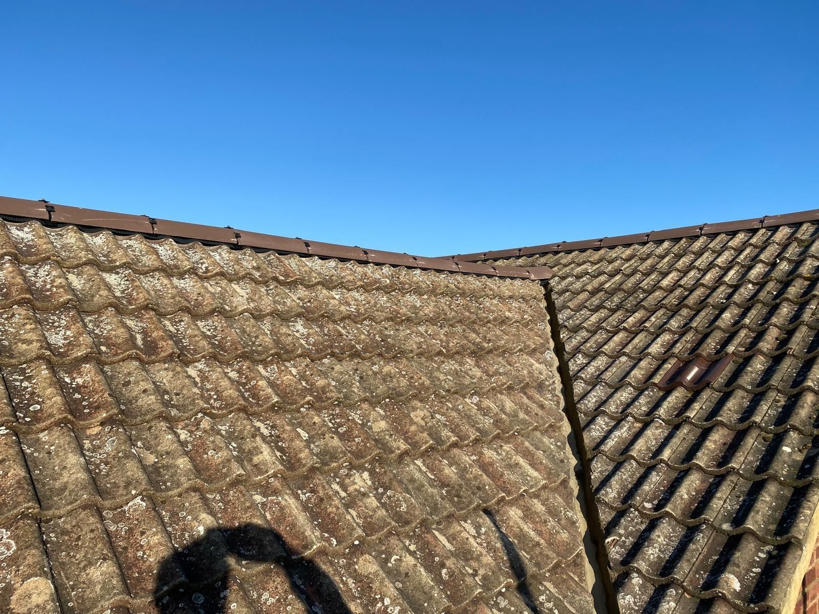Weathered, moss-covered roof tiles on a residential roof in Cambridgeshire, showing the ridge where two roof slopes meet.