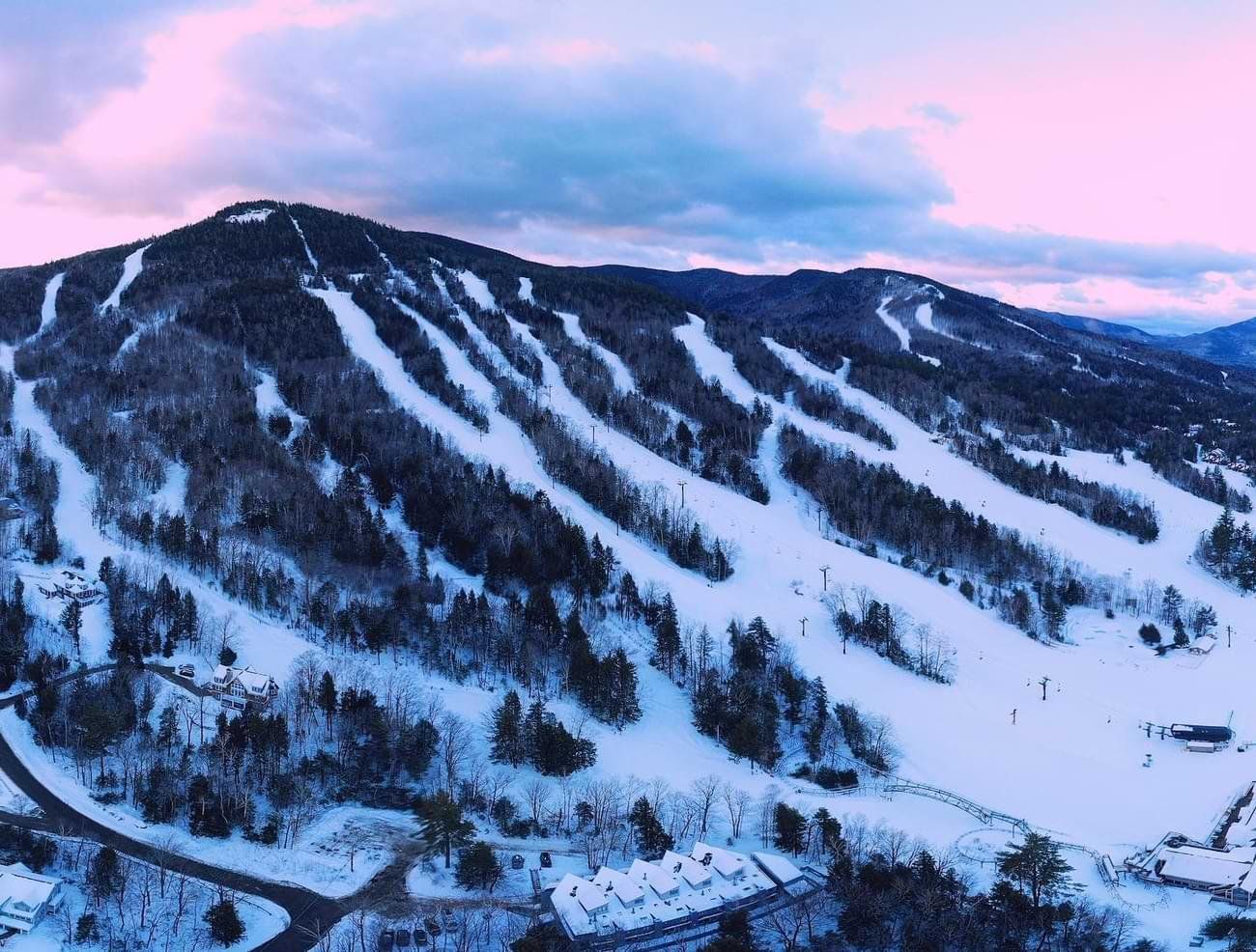 An aerial view of Attitash Ski mountain covered in trees