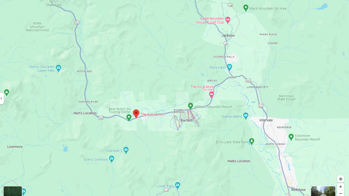 A map of White Mountain National Forest range with a lot of roads and mountains.