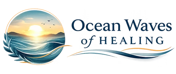 Logo for Ocean Waves of Healing, featuring a circular sunset over ocean waves with text to the right.