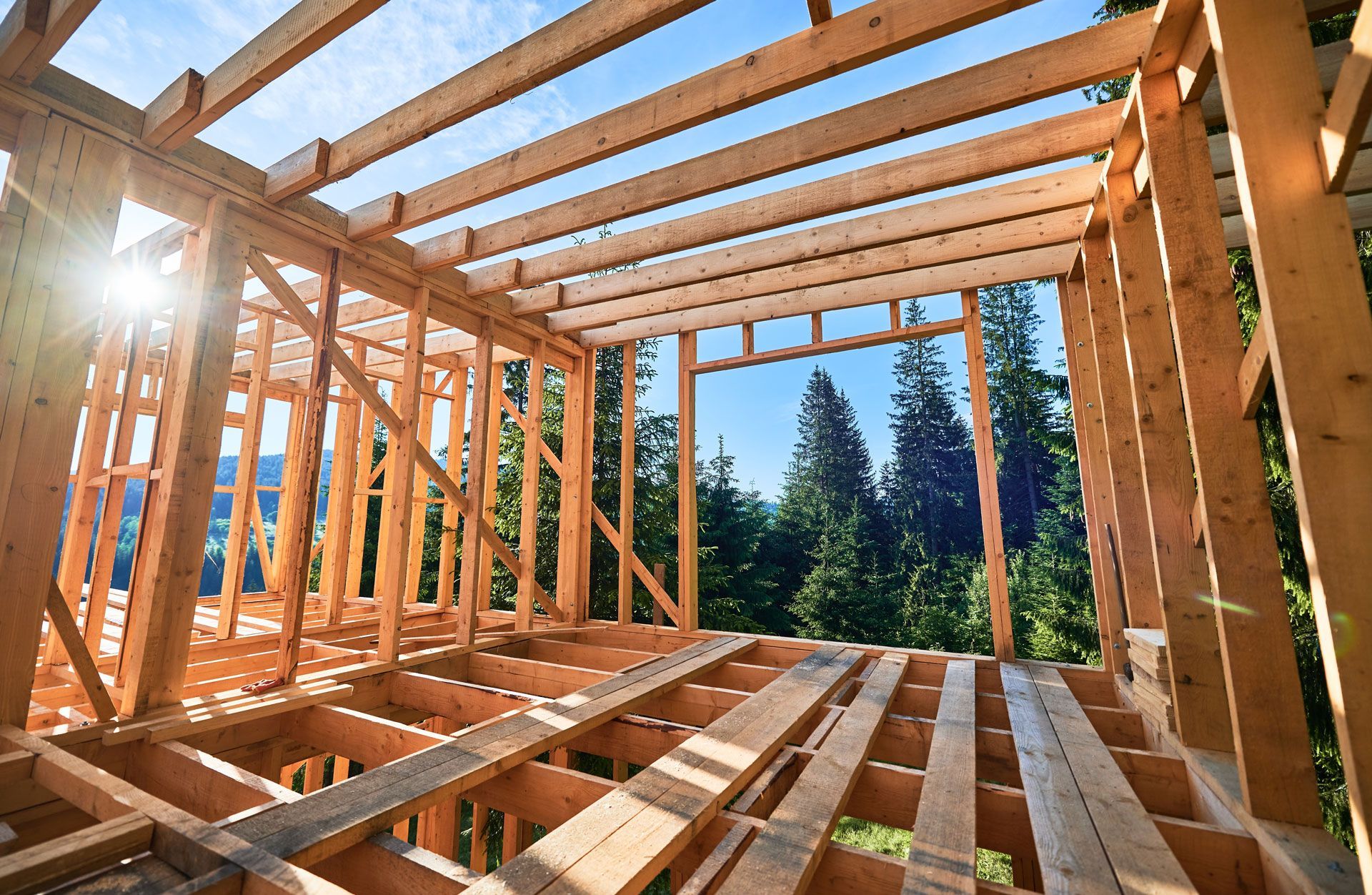 Wooden house frame under construction, with bright sunlight and a forest visible through the opening.