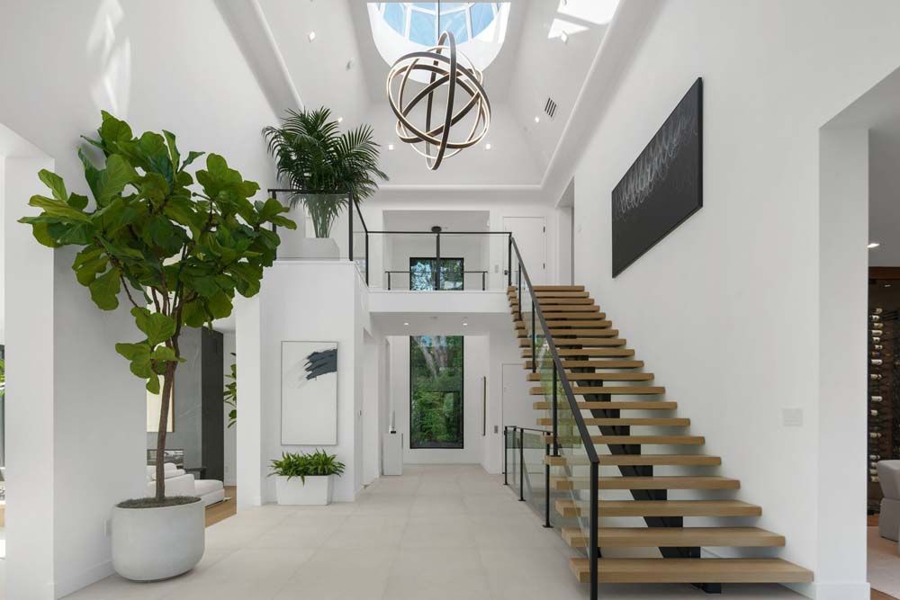 Bright modern entryway with a staircase, large plant, and overhead skylight.