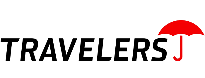A logo for travelers j with a red umbrella on a white background.