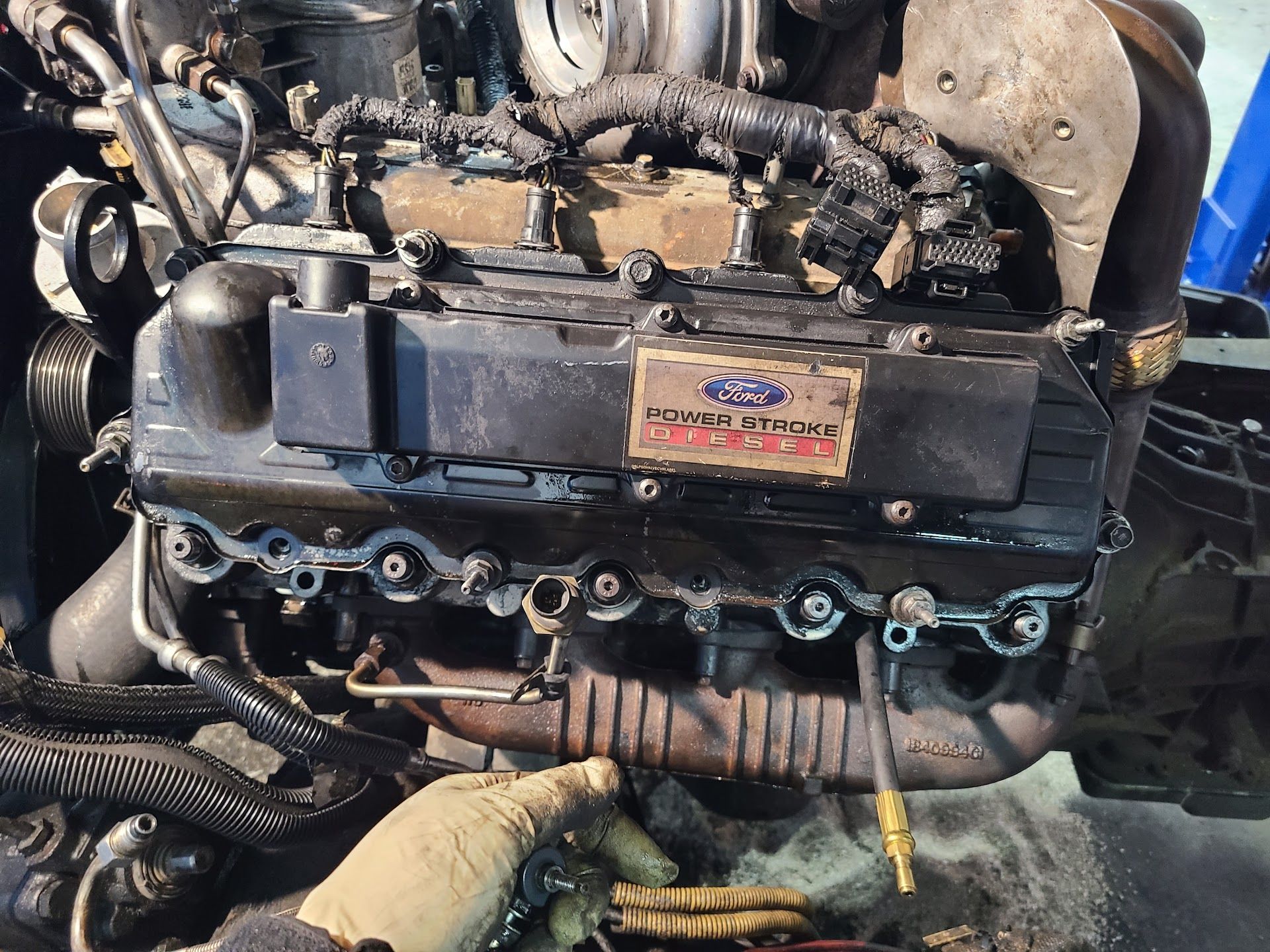 Mechanic’s gloved hands work on a car engine with exposed hoses and parts under the hood. | Kingsley Auto Service