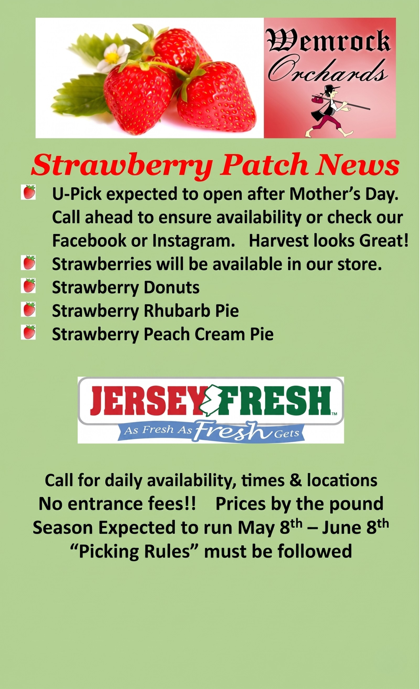 Wemrock Orchards flyer detailing strawberry U-pick season, store items, tours, and location information.