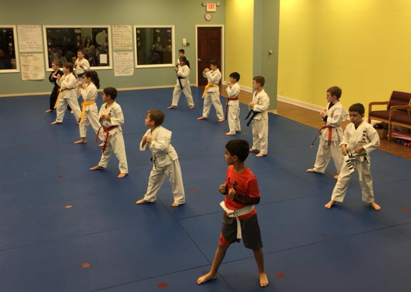 A group of kids are practicing martial arts in a gym
