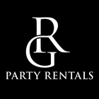White "R" and "G" intertwined logo over "Party Rentals" on black background.