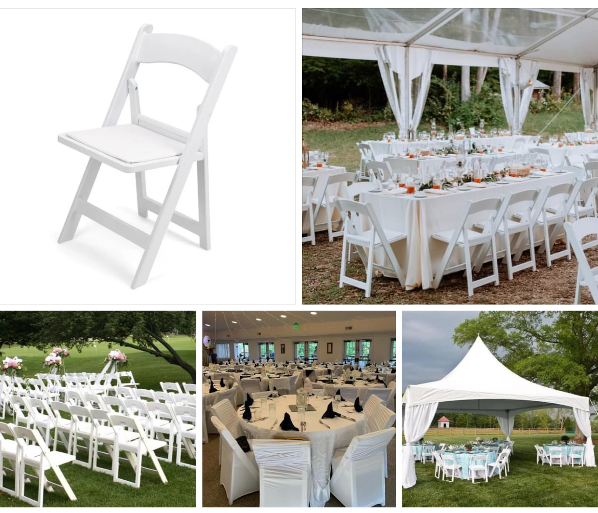 White folding chairs set up at various events: a wedding, reception, and outdoor gatherings.
