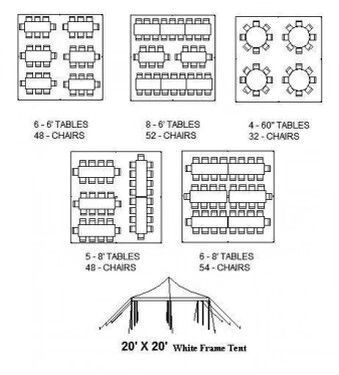 Layout diagrams showing table arrangements and chair counts for a 20'x20' tent.