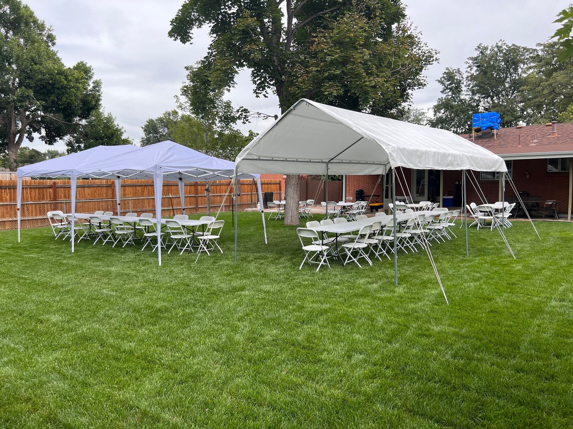 Backyard with tents and tables set up for an event on a green lawn.