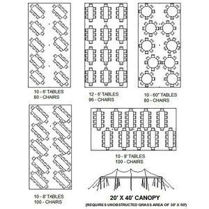 Diagrams of tent table layouts, showing variations of rectangular and round table arrangements.