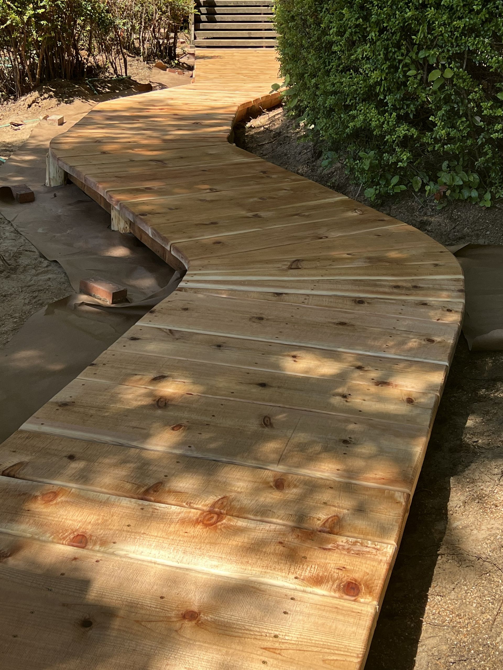 Wooden walkway curves through a garden, with greenery on the right and dirt path beside it.