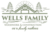 Logo for Wells Family Woodwork & Construction featuring a house frame, pine trees, and text.