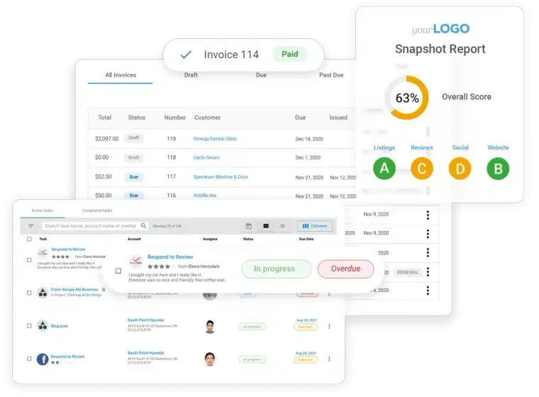 Screens of a financial dashboard showing invoices, progress updates, and a snapshot report.