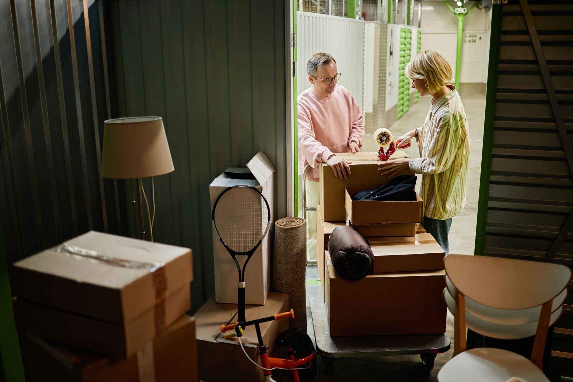 Furniture in the back of a removal truck A couple is organising items in a storage unit.