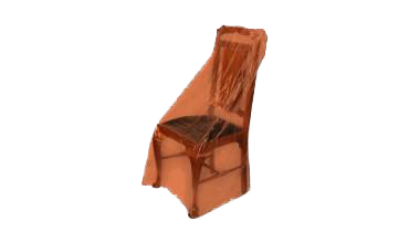 A chair is wrapped in a plastic bag on a white background.
