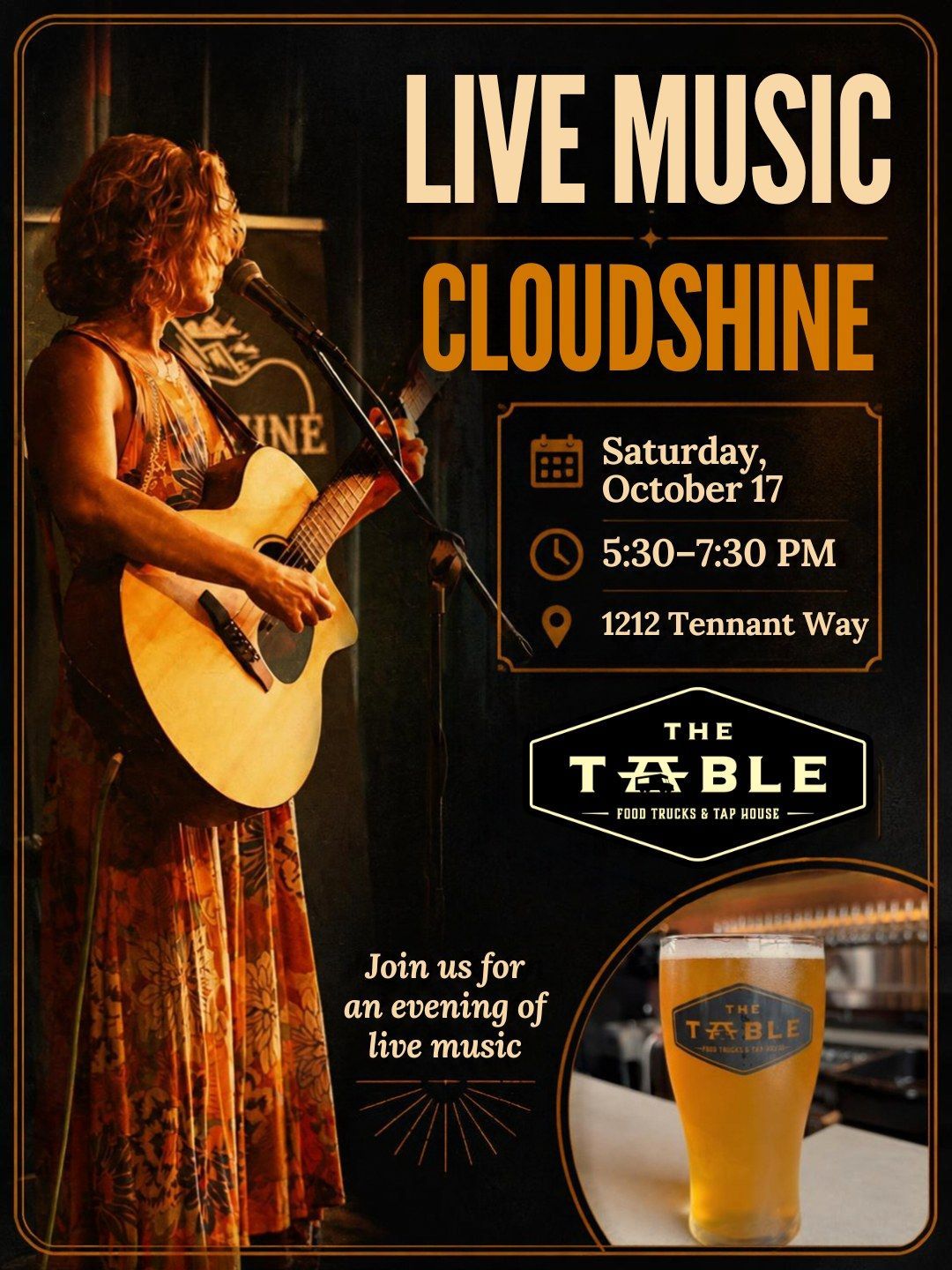 Live Music flyer: Cloudshine, Saturday October 17, 5:30–7:30 PM, at The Table, 1212 Tennant Way. Join us for an evening of live music.