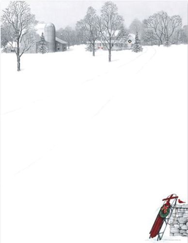 There is a picture of a snowy field with a house in the background.
