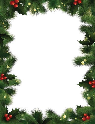 A Christmas frame with pine branches, holly, berries, and stars on a white background.