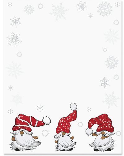A Christmas letterhead with three gnomes wearing santa hats and snowflakes.