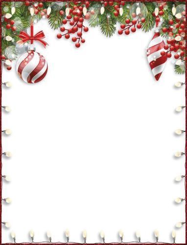 A Christmas border with Christmas decorations and lights on a white background.