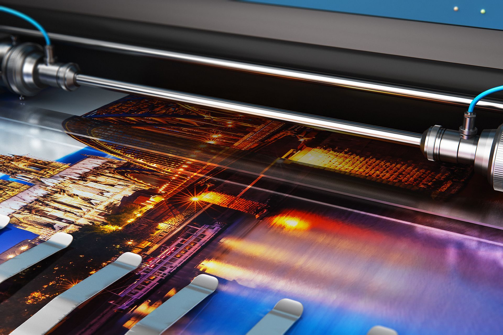 A printer is printing a picture of a city at night